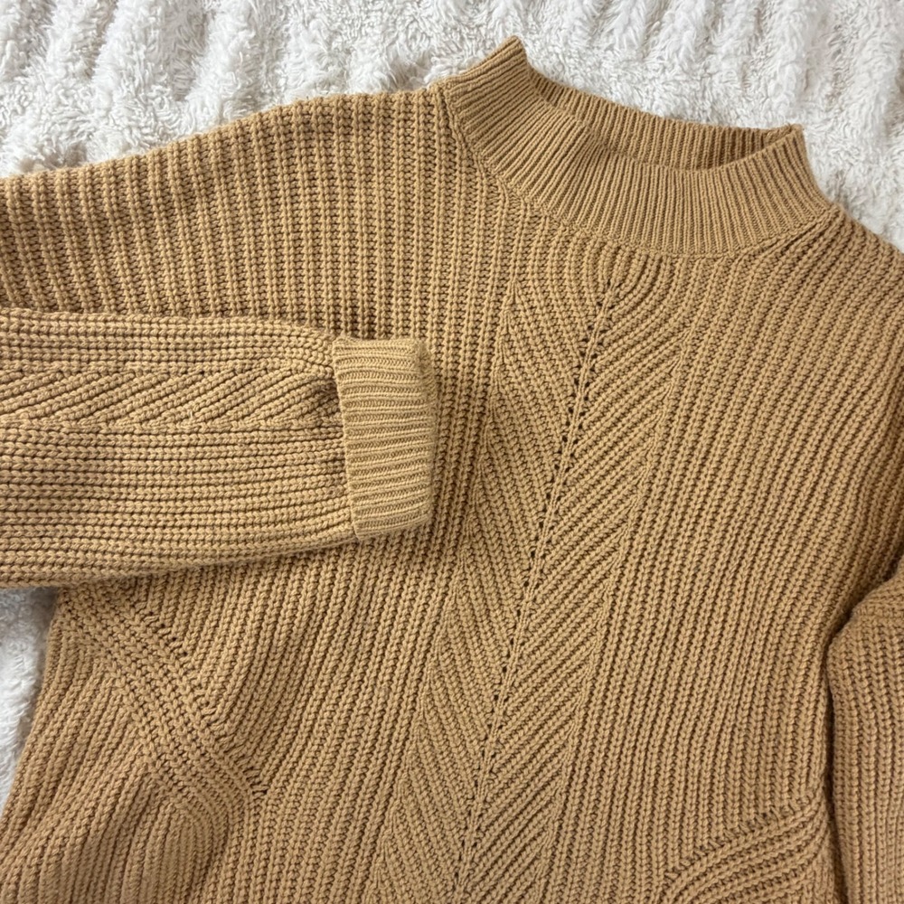 Topshop Mock Neck Ribbed Chevron Knit Sweater Camel Tan US 6